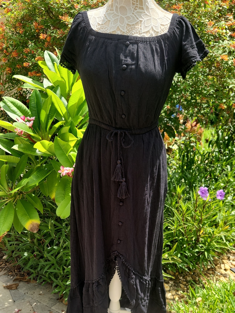 INC International Concepts Black Button-Front Tassel Midi Dress